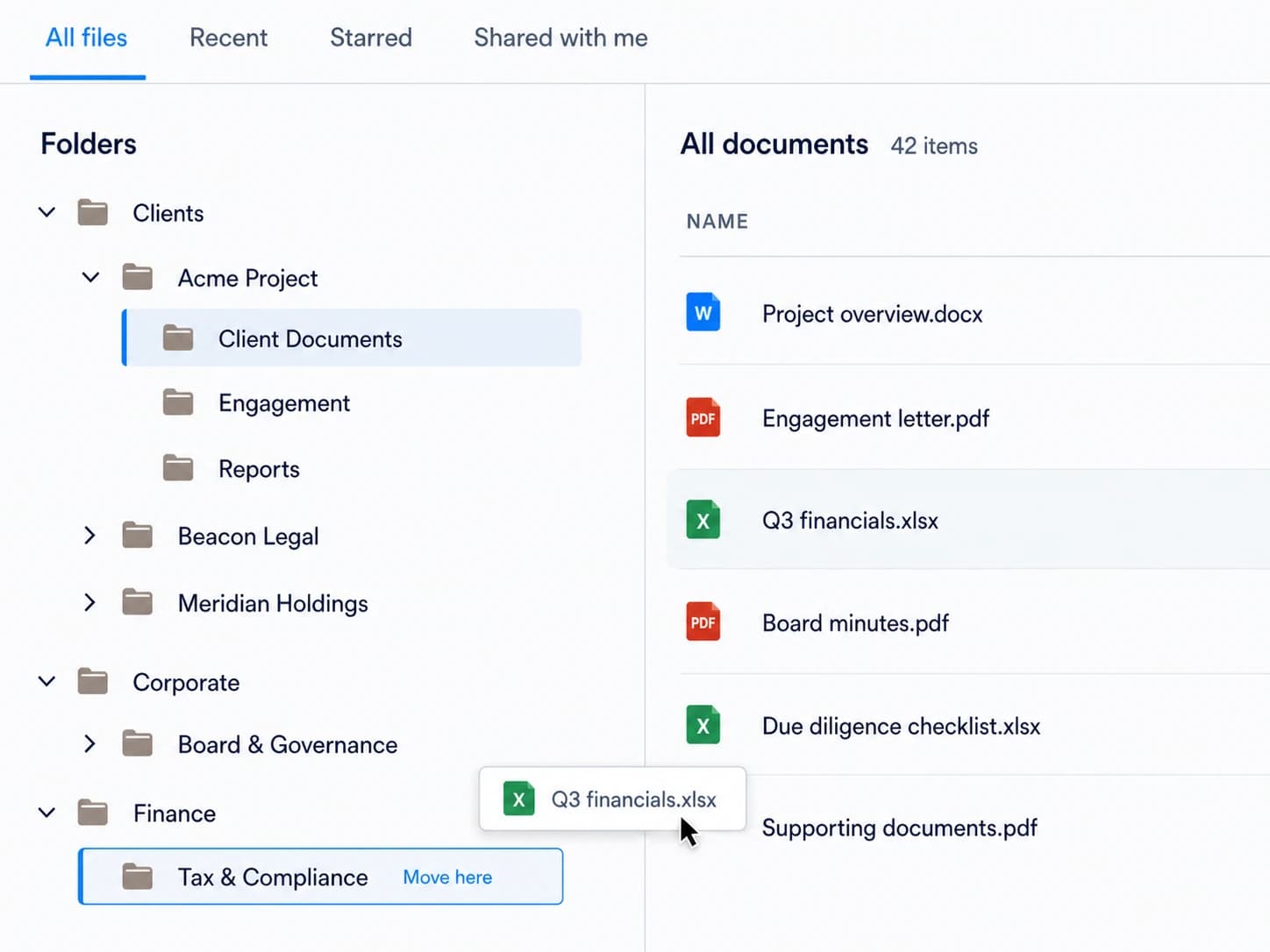 Focused Docuvane document library showing a spreadsheet being moved into a highlighted Tax and Compliance folder.