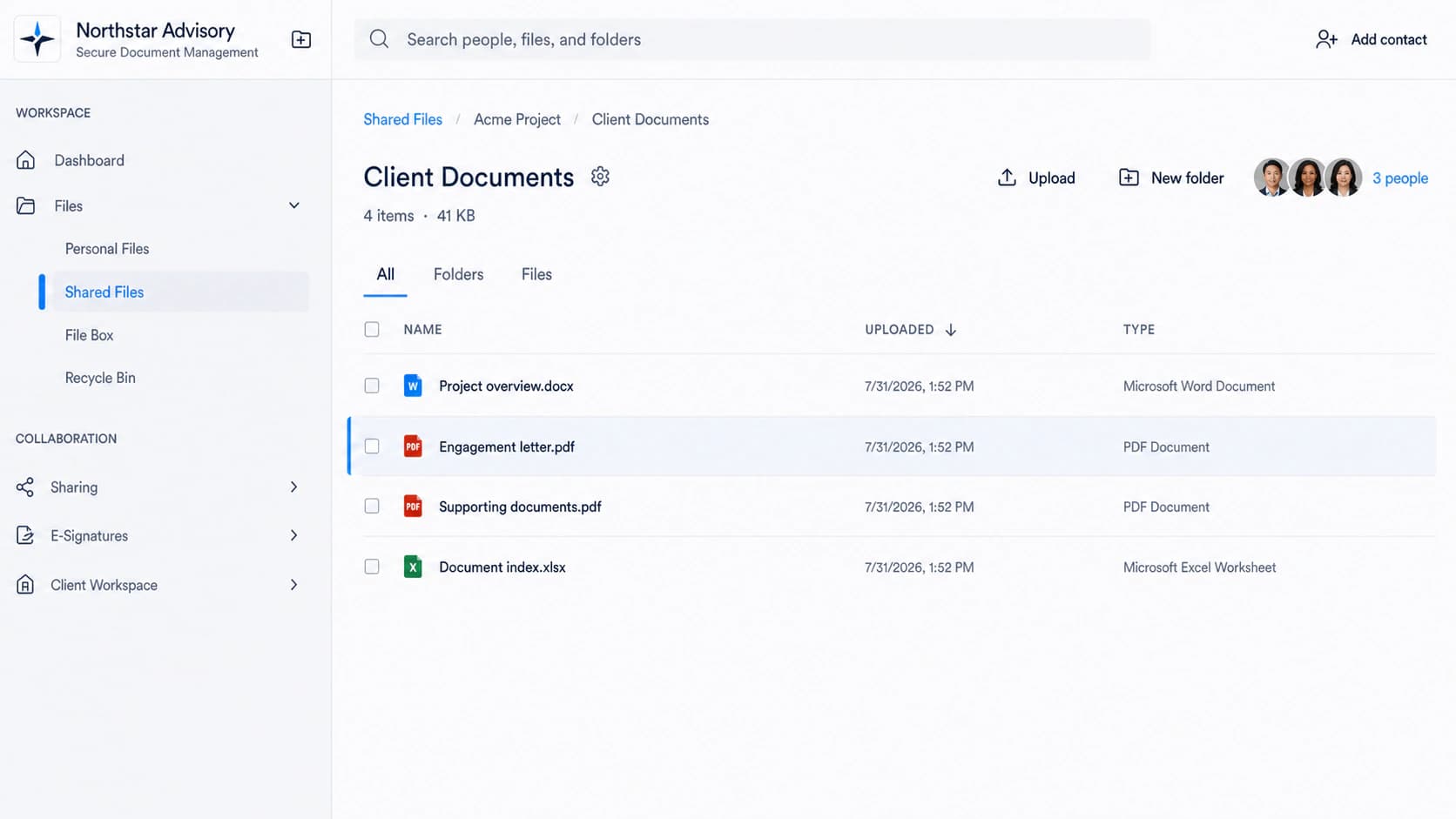 Docuvane Client Documents workspace with Northstar Advisory branding, collaborator headshots, and floating signature workflow previews